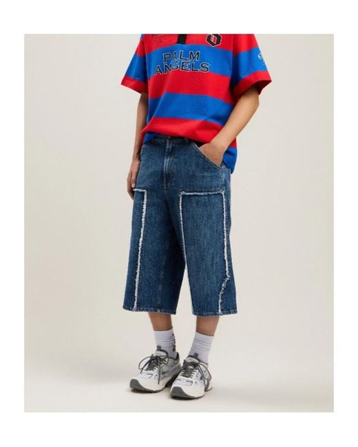 Palm Angels Blue Curved Logo Skater Shorts for men