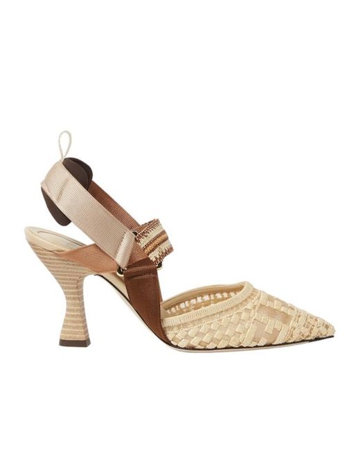 Fendi Metallic Medium-Heeled Mesh Slingbacks With Raffia Ff Embroidery