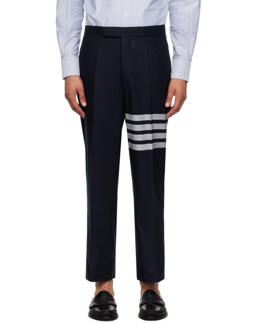 Thom Browne Blue 4-Bar Stripe Detailed Flannel Trousers for men