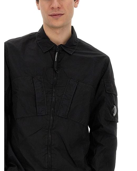 C P Company Black Taylon Lens-Detail Zipped Shirt for men