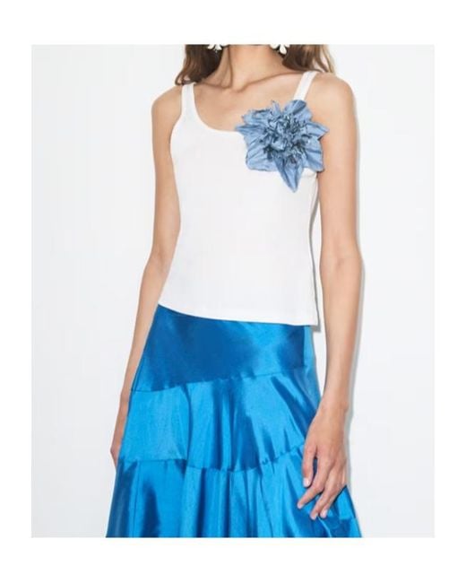 Tory Burch Blue Floral Brooch Ribbed Tank Top