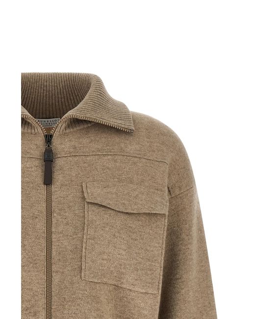 Brunello Cucinelli Natural High Neck Zip-Up Cardigan
