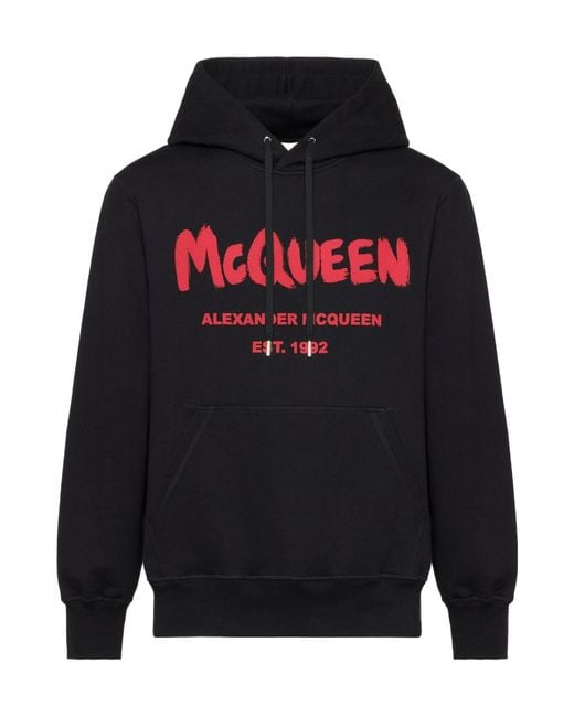 McQueen Black Logo Printed Drawstring Hoodie for men