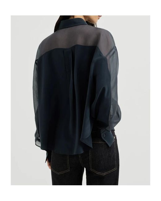 Brunello Cucinelli Blue Silk Crêpe De Chine Paneled Shirt With Monili