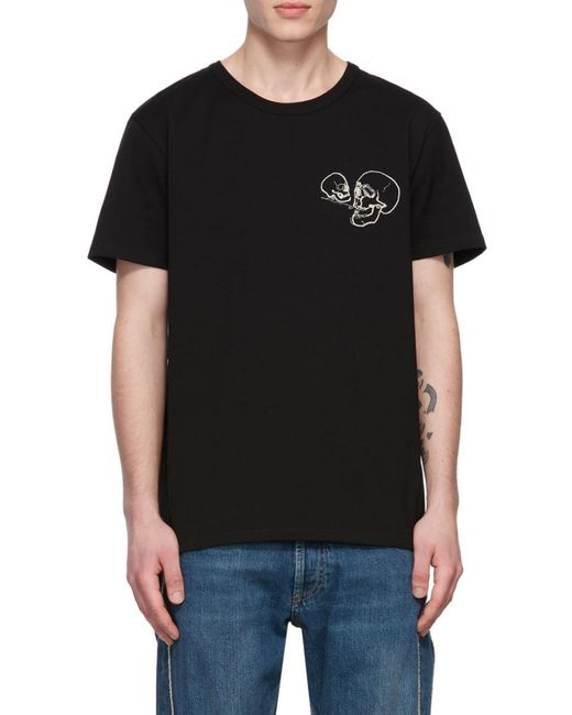 McQueen Black Skull Embroidered Crewneck T-Shirt for men