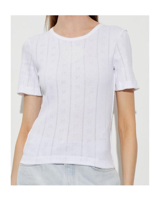 Ganni White Logo Patch Openwork Knit T-Shirt