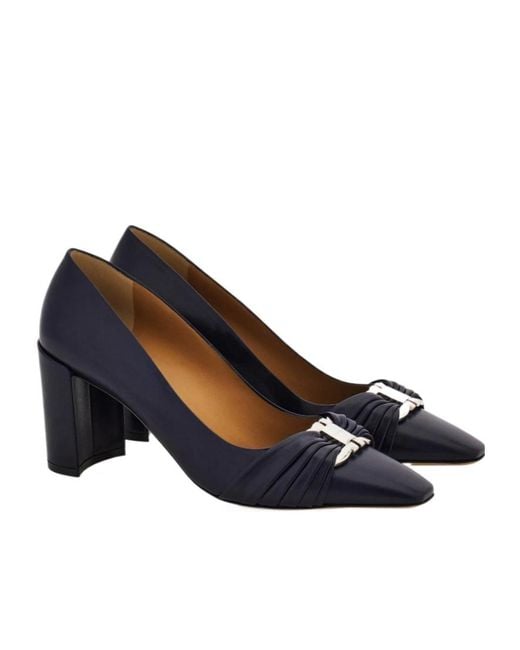 Ferragamo Blue Gancini Ornament Pump With Bock Heel