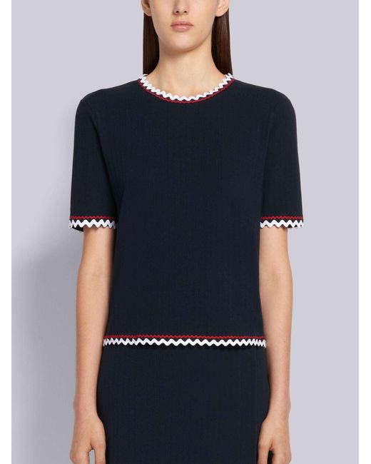 Thom Browne Blue Zigzag-Trim Pleated Rib T-Shirt