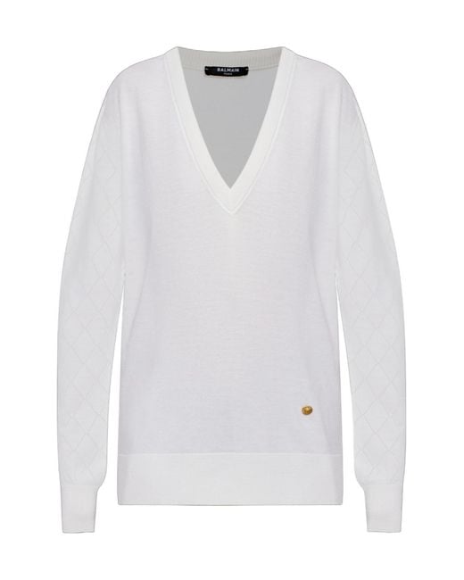 Balmain White Diamond-Sleeve V-Neck Knitted Sweater