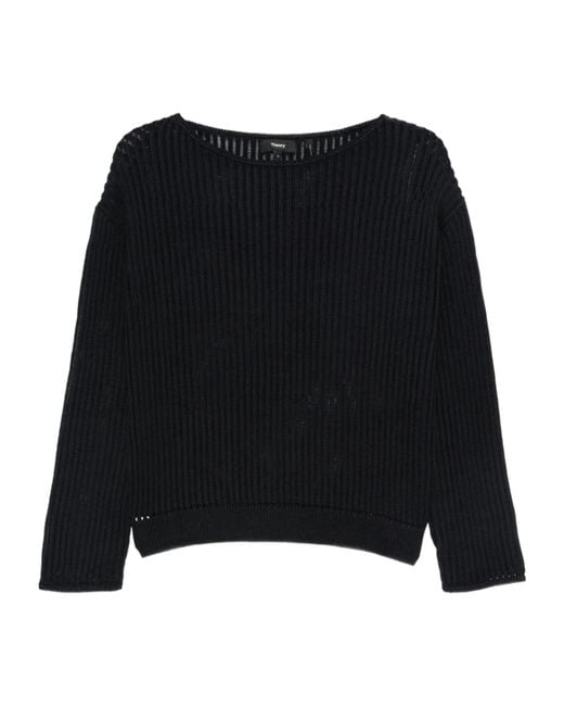 Theory Black Ribbed Boat-Neck Sweater