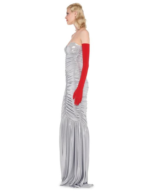 Norma Kamali White Slinky Ruched Fishtail Gown