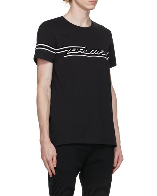 Balmain Black Flocked Cotton T-Shirt With Logo Print for men