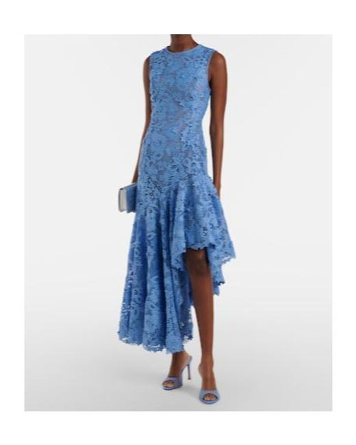 Oscar de la Renta Blue Asymmetric Floral Embroidered Cocktail Dress