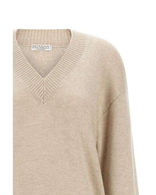 Brunello Cucinelli Natural Sequin-Appliqué V-Neck Sweater