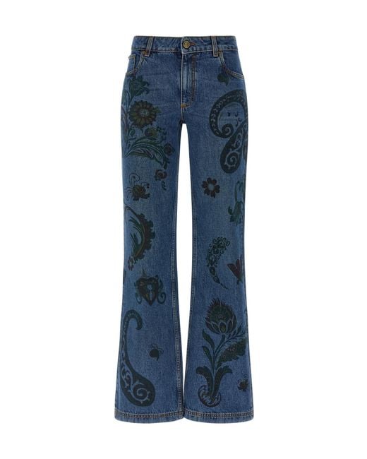 Etro Blue Flared Jeans With Flower And Bee Print