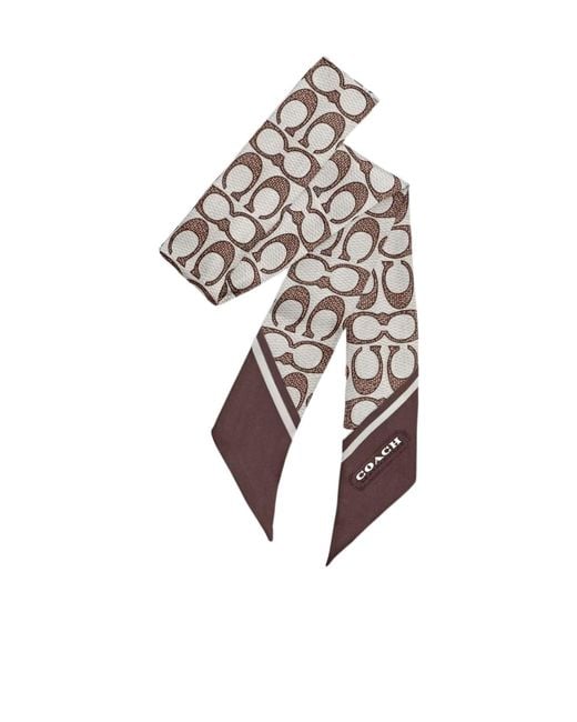 COACH White Textured Signature Print Silk Skinny Scarf