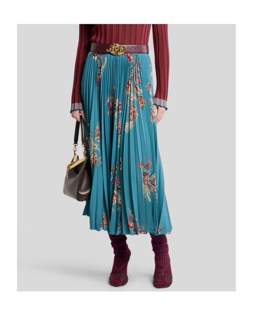 Etro Blue Pleated Floral-Print Midi Skirt