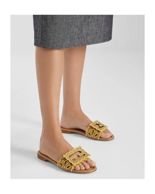 Fendi Metallic Baguette Openwork Embroidered Slides