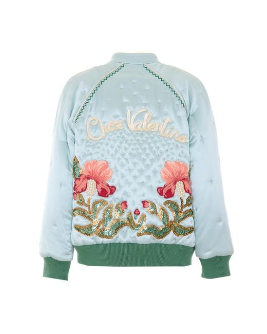Valentino Blue Floral Embellished Button-Up Quilted Jacket