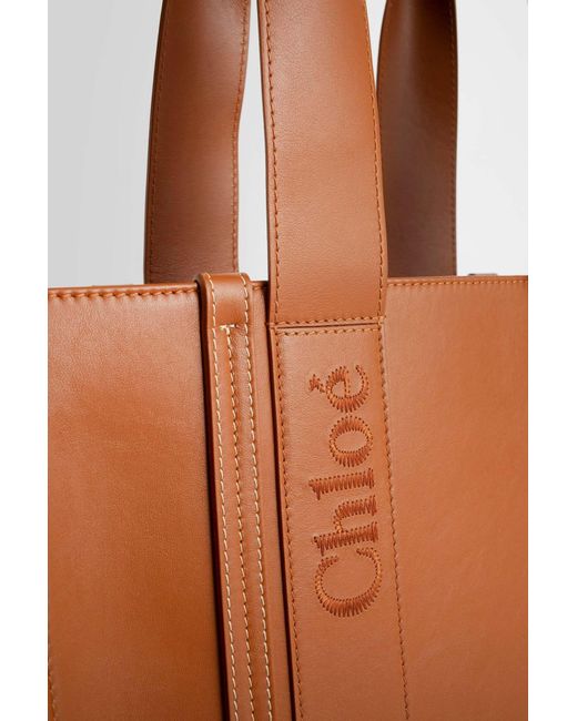 Chloé Brown Chloé Woody Logo Embroidered Medium Tote Bag