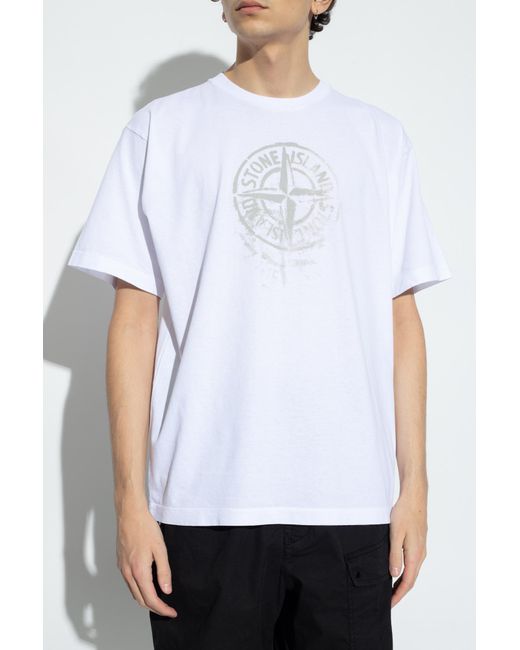 Stone Island White Logo Printed Crewneck T-Shirt for men