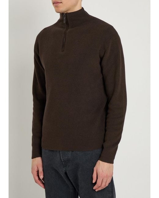Tod's Brown Ribbed Half-Zip Silk And Cotton-Blend Jumper for men