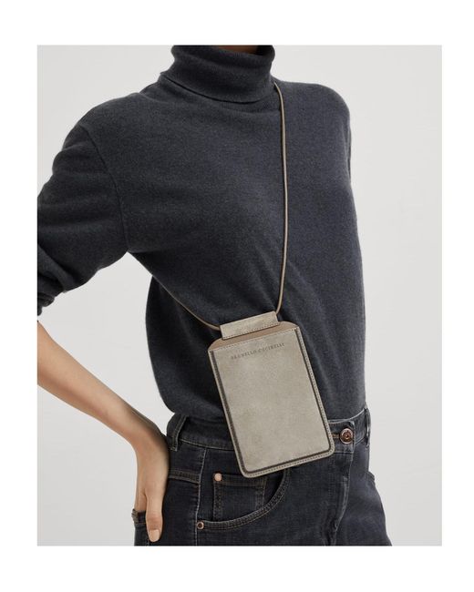 Brunello Cucinelli Gray Debossed-Logo Suede Phone Case