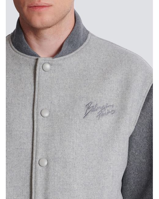 Balmain Gray Logo Embroidered Varsity Jacket for men