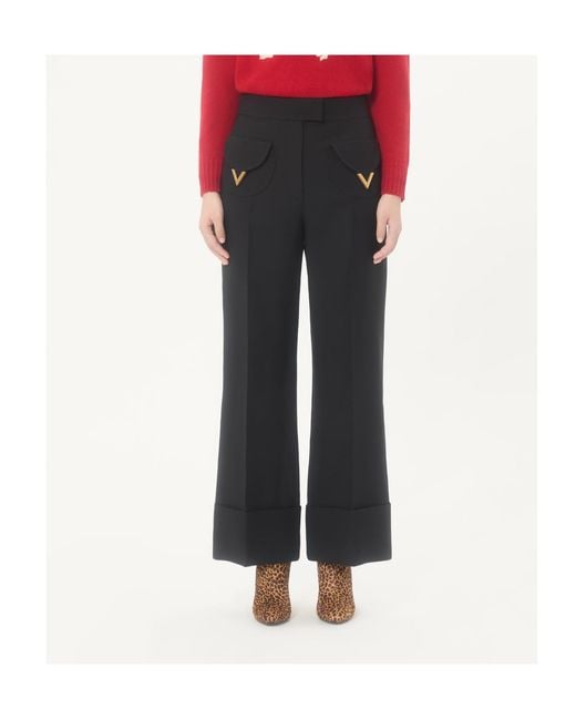 Valentino Black Logo Plaque Wide-Leg Pants