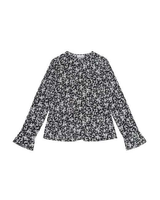 Ganni Gray Printed Crepe O-Neck Blouse