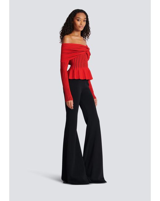 Balmain Red Knotted Off-The-Shoulder Top
