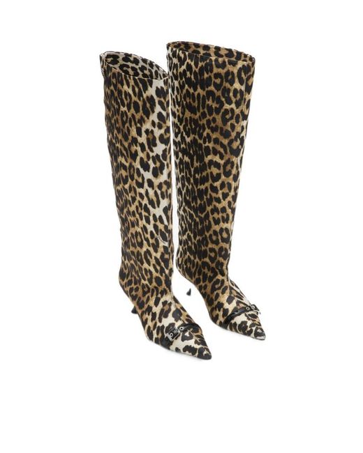Ganni White Leopard Print Pointed-Toe Knee-Length Boots