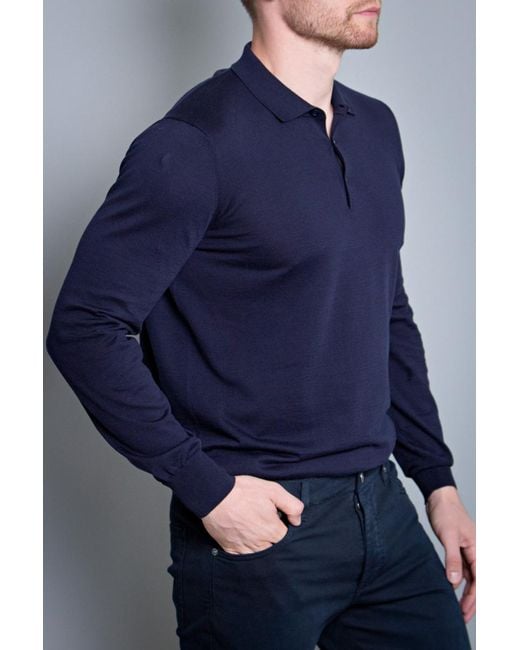 Brunello Cucinelli Blue Long-Sleeved Knitted Polo Shirt for men