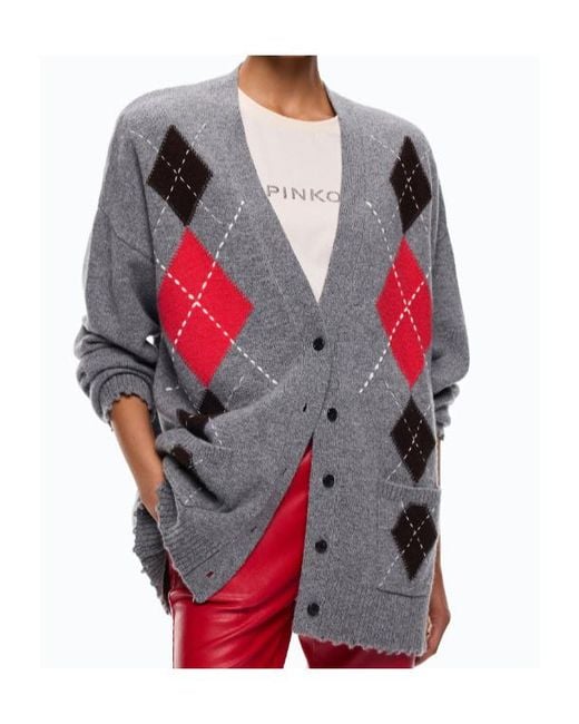 Pinko Gray Wool And Cashmere Cardigan With Diamond Motif