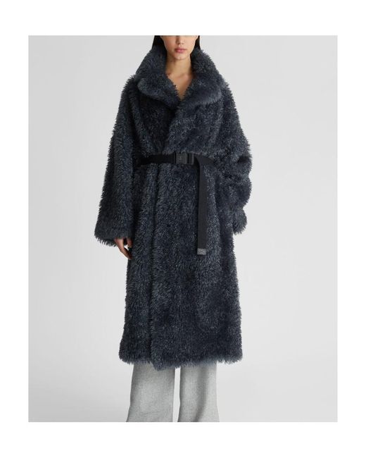 Ermanno Scervino Blue Belted Straight Hem Shearling Coat