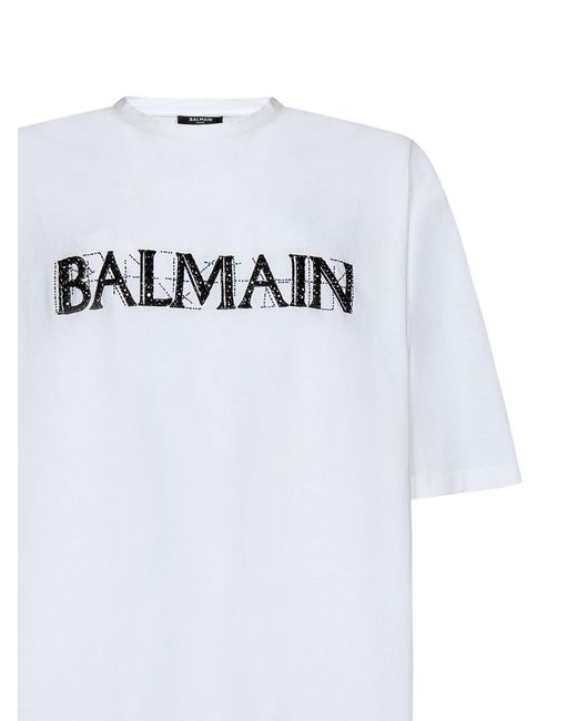 Balmain White Logo Printed Crewneck T-Shirt for men