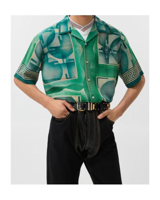 Versace Green Greca-Print Medusa-Head Shirt for men