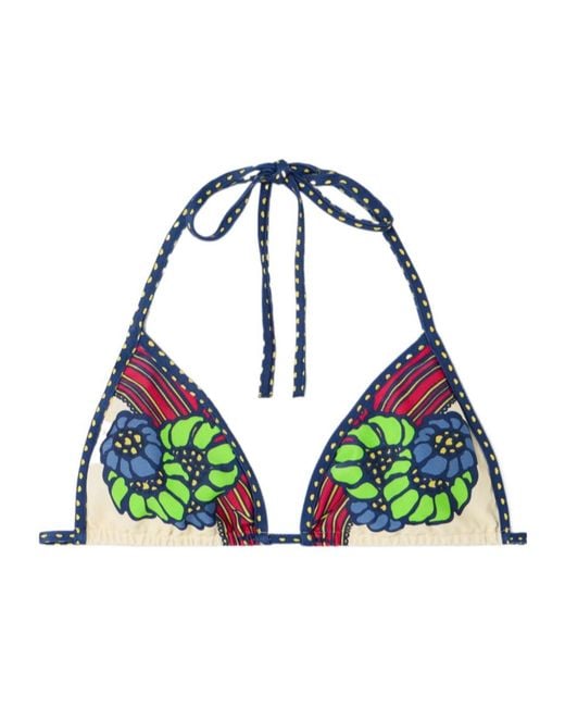 LaDoubleJ Blue Tie-Detail Floral Bikini Top