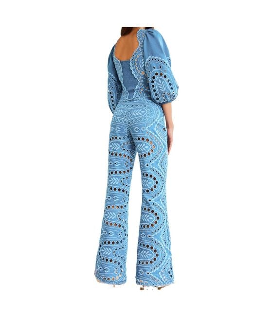 Charo Ruiz Blue Bass Laced Puffed-Sleeve Top