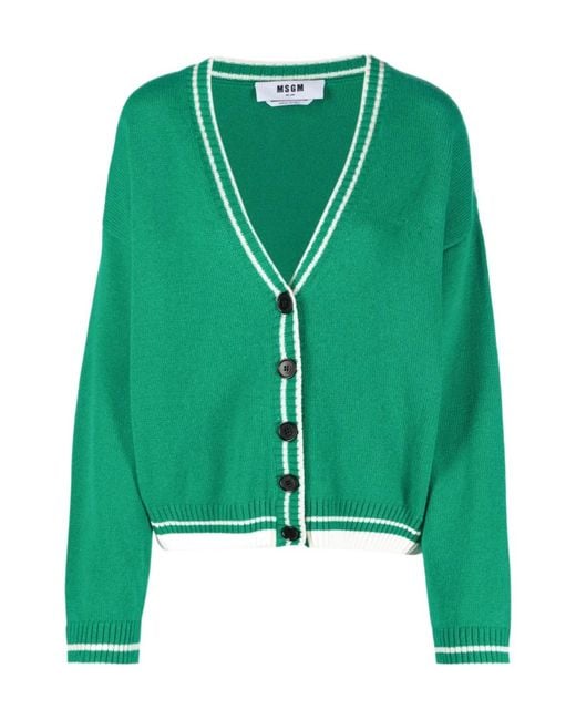 MSGM Green Striped-Edge Knitted Cardigan