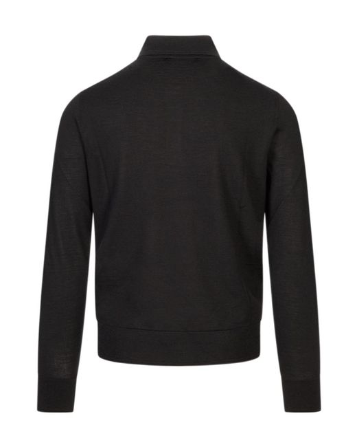 Canali Black Long-Sleeve Knitted Polo Shirt for men