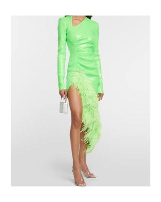 David Koma Green Sequined Feather-Trimmed Midi Dress