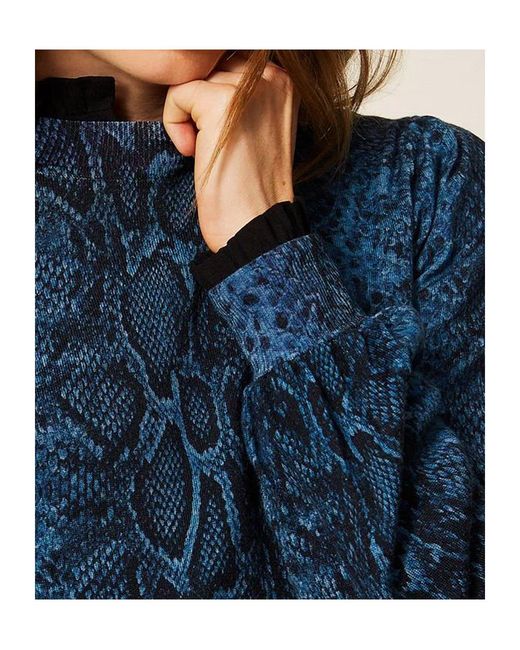 Twinset Blue Python-Print Wool Pullover