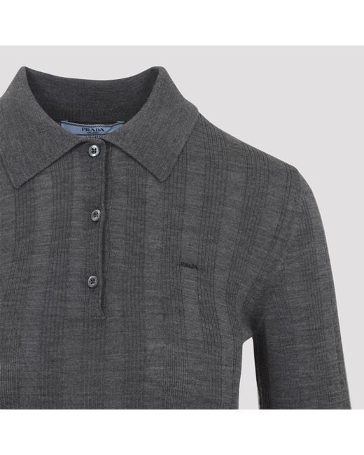 Prada Gray Long-Sleeved Knitted Polo Top