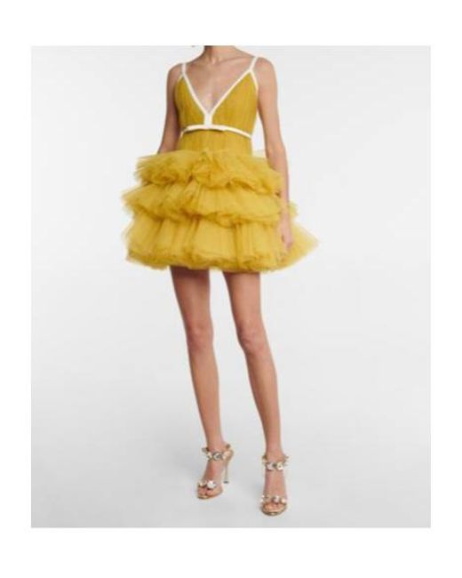 Giambattista Valli Yellow V-Neck Ruffled Tulle Minidress
