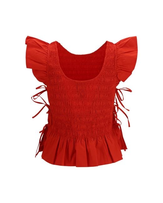 Ganni Red Smocked Peplum Tops