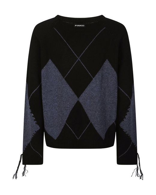 Pinko Black Argyle-Pattern Frayed-Detail Sweater
