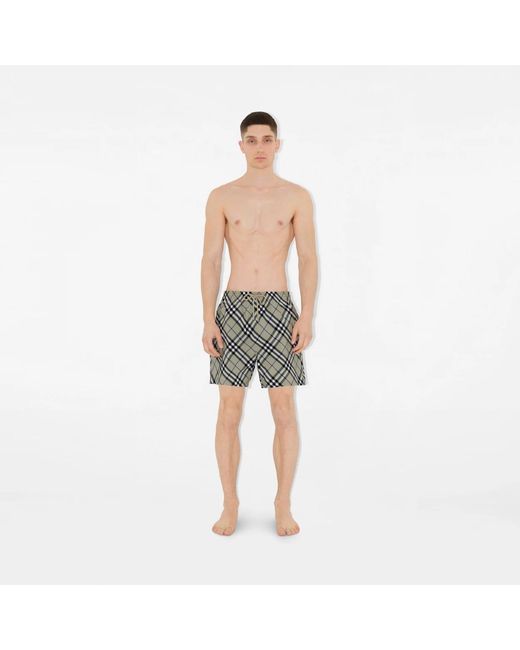 Burberry Gray Checked Drawstring-Waist Swim Shorts for men