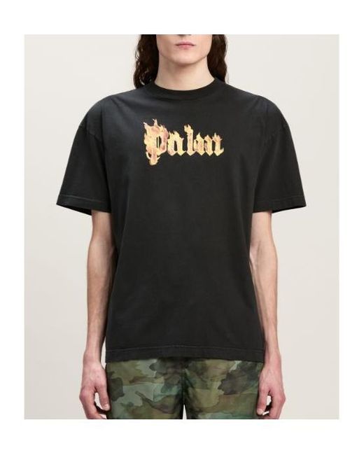 Palm Angels Black Burning Logo Printed Crewneck T-Shirt for men