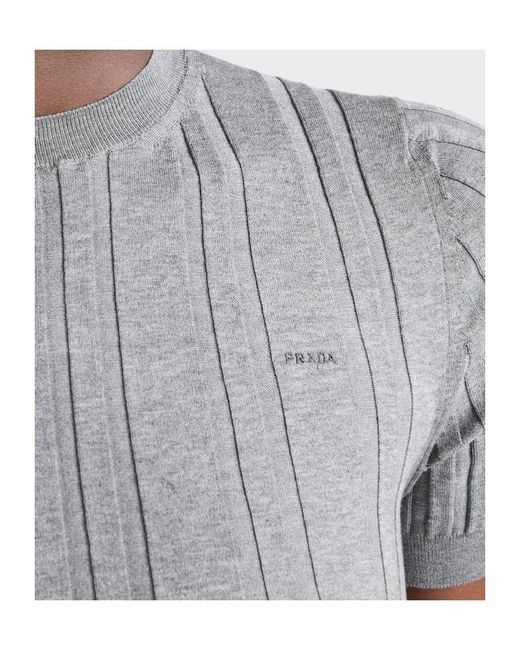 Prada Gray Short-Sleeved Ribbed Knit Cotton Sweater